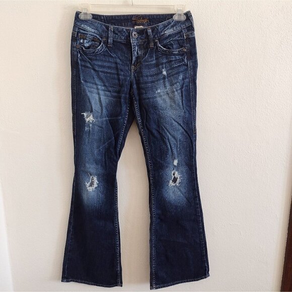 Silver Jean Womens 26 X 33 Eden Flare Leg Deconstructed Distressed Dark Wash - Picture 1 of 8